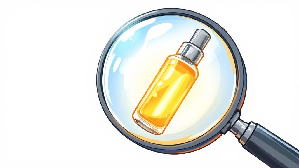 Cartoon magnifying glass inspecting vape cartridge oil quality