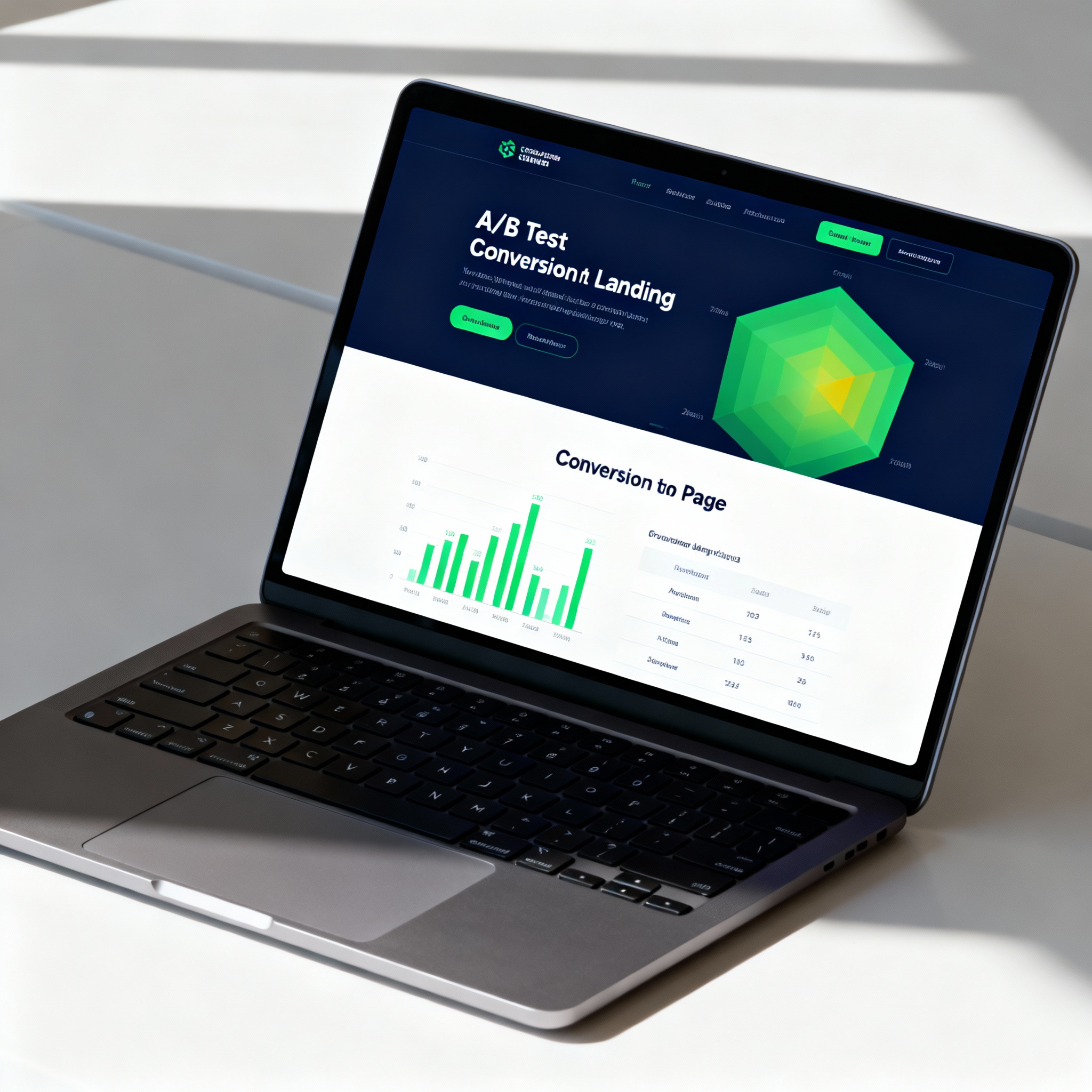 Photorealistic, close-up of a landing page A B test on a laptop with conversion heatmap overlay, bright studio light, prof...