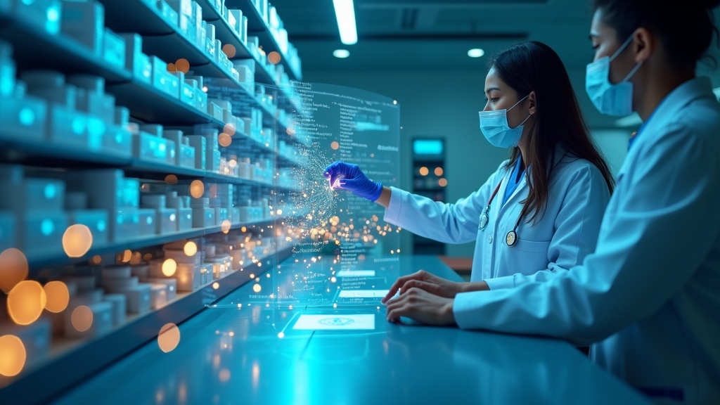 Científico analizando datos de salud en una pantalla de IA para personalizar tratamientos farmacéuticos.
