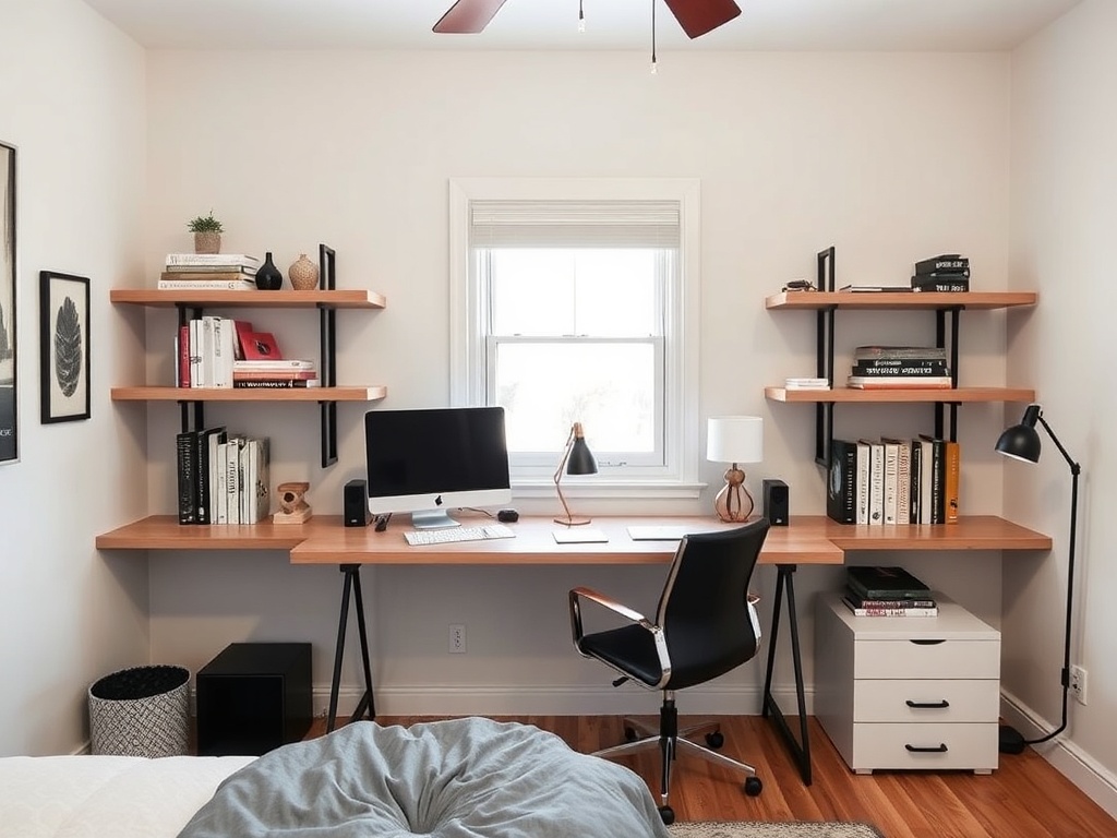24. Use Floating Shelves as a Desk Extension