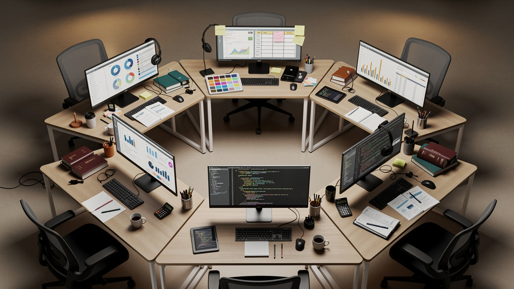 Different workstations representing various AI agent types