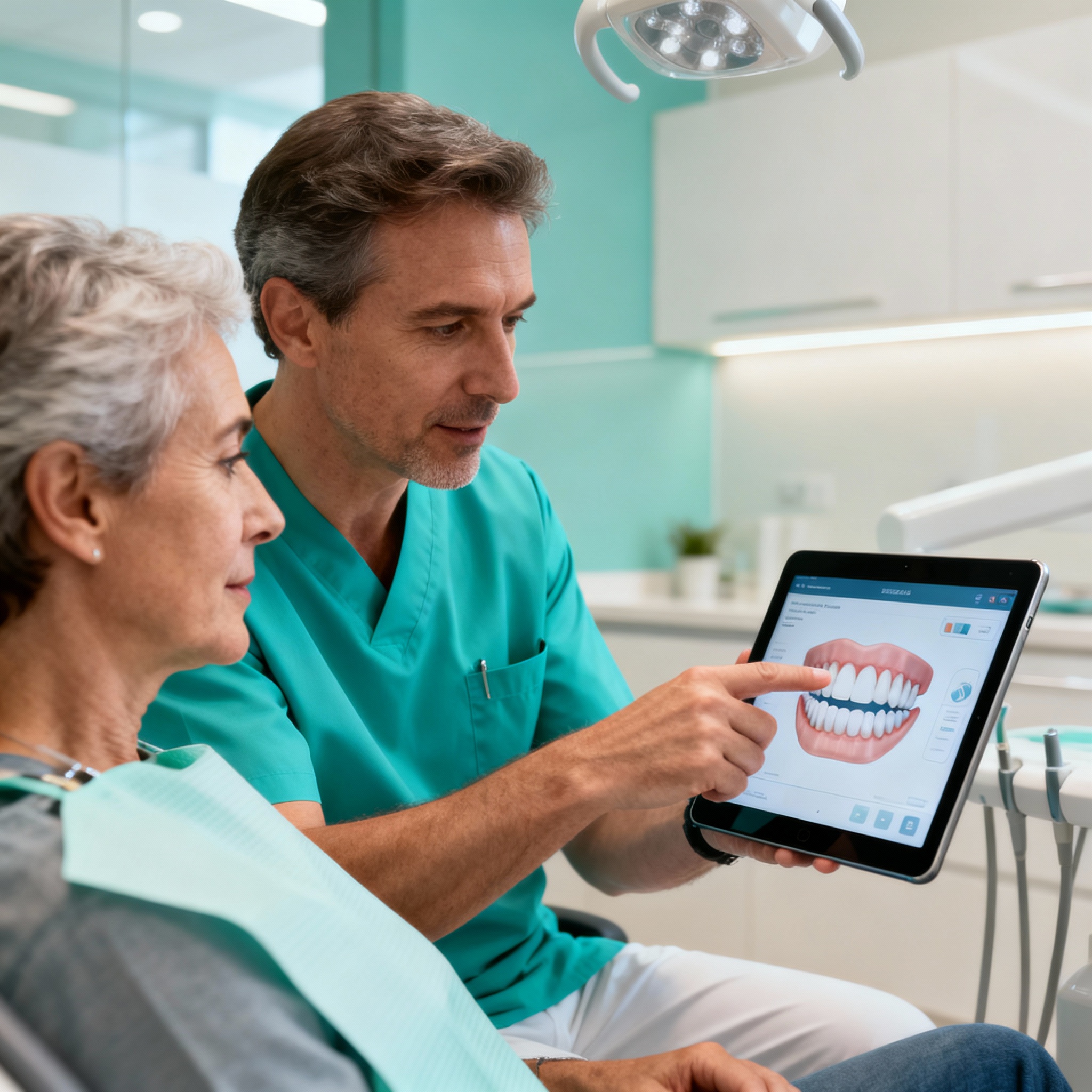 Photorealistic close-up of a dentist consulting with a middle-aged patient in a modern treatment room, dentist pointing to...