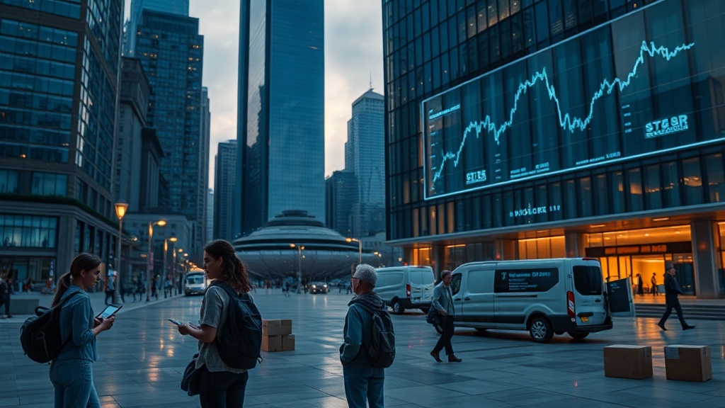 Modern urban scene with residents conversing and subtle indicators of housing transition