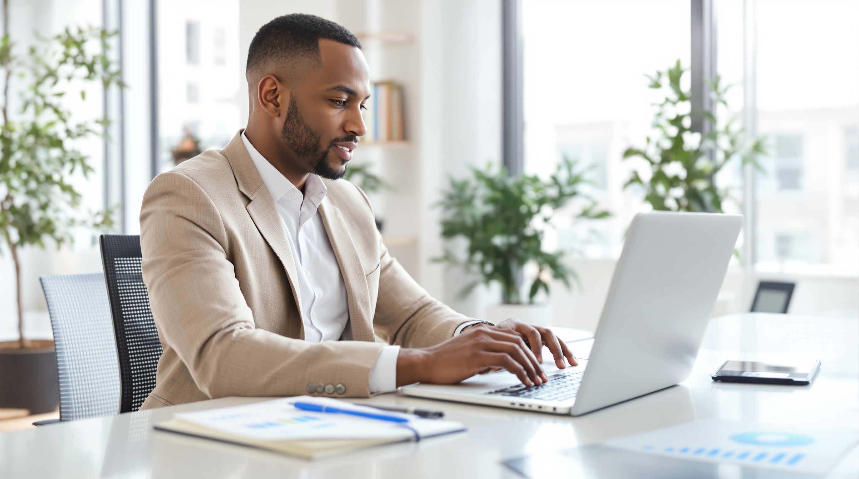A marketing leader in a modern office analyzing performance metrics on a laptop, with charts and graphs visible on the screen and a notepad with strategic notes beside them.
