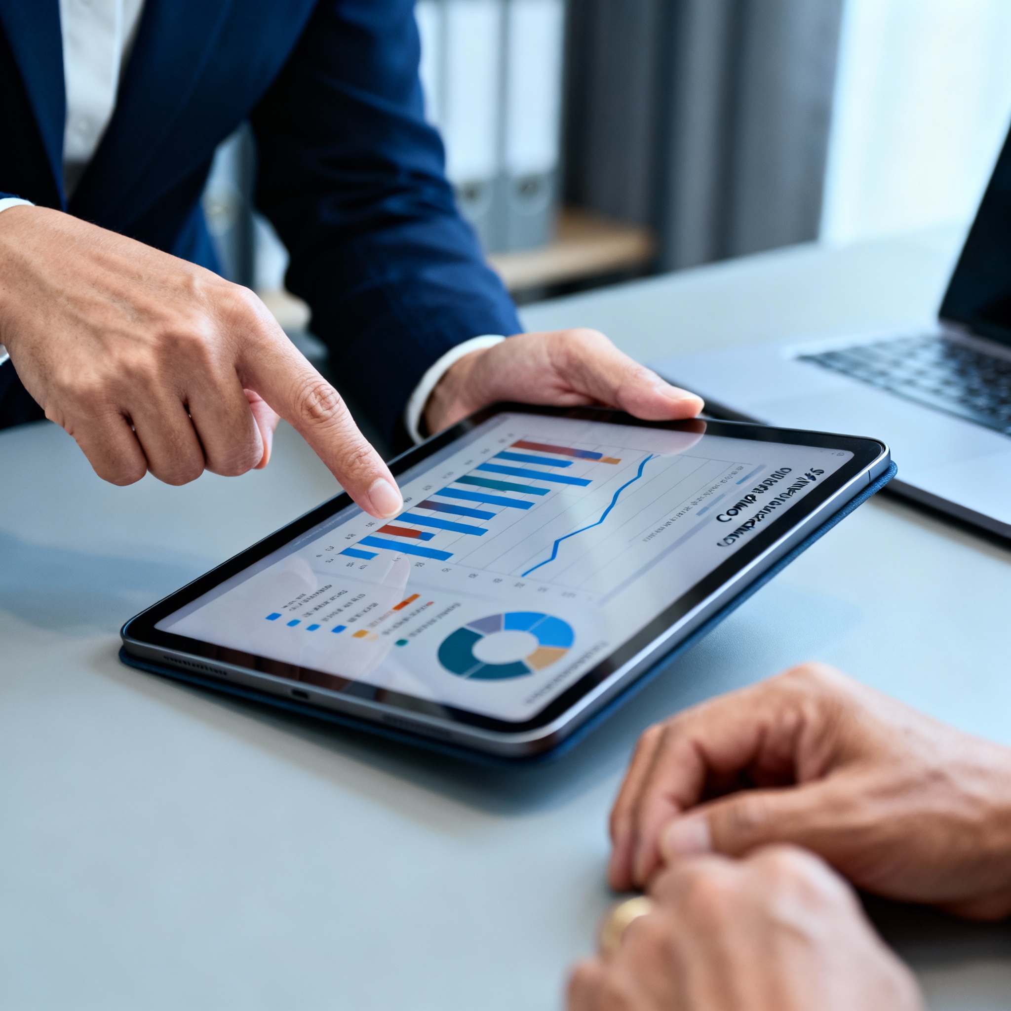 Close-up photo of an agent and homeowner reviewing a comparative market analysis on a tablet, photorealistic, professional...