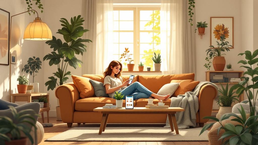 Cartoon person browsing cannabis products from home comfort