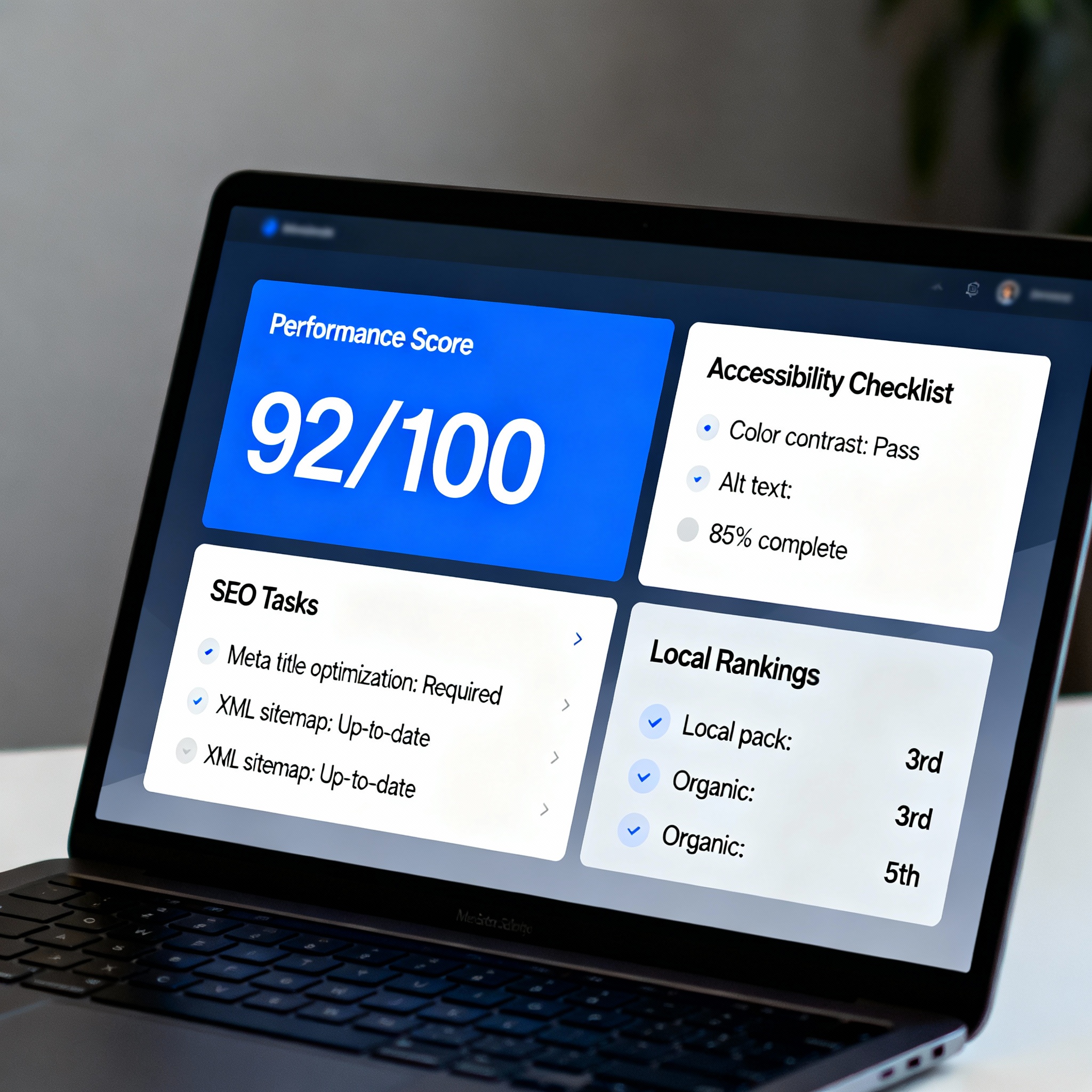 Desktop dashboard view of a website audit results screen showing performance score, accessibility checklist, SEO tasks, an...