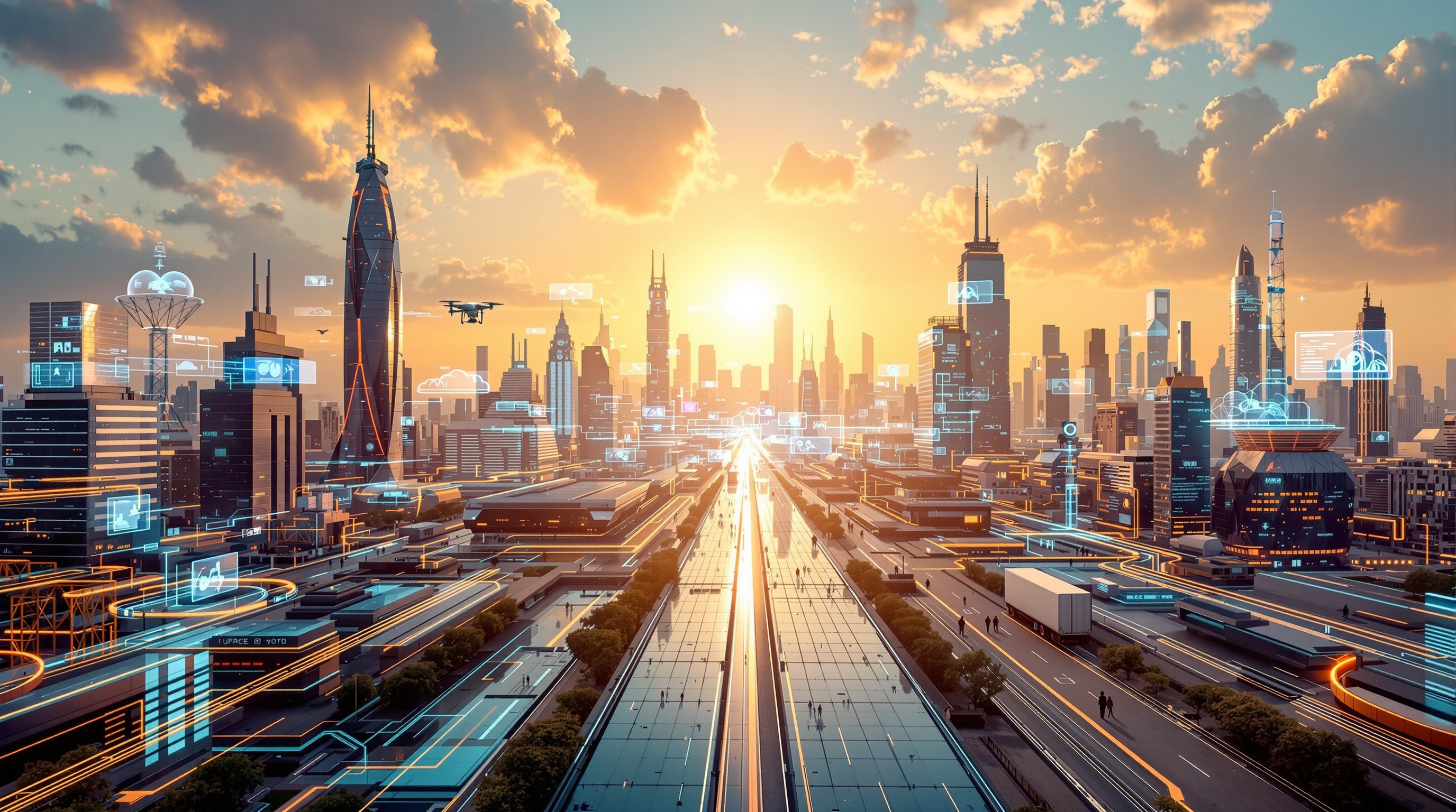 Futuristic city powered by AI systems and digital infrastructure representing the future of AI engineering