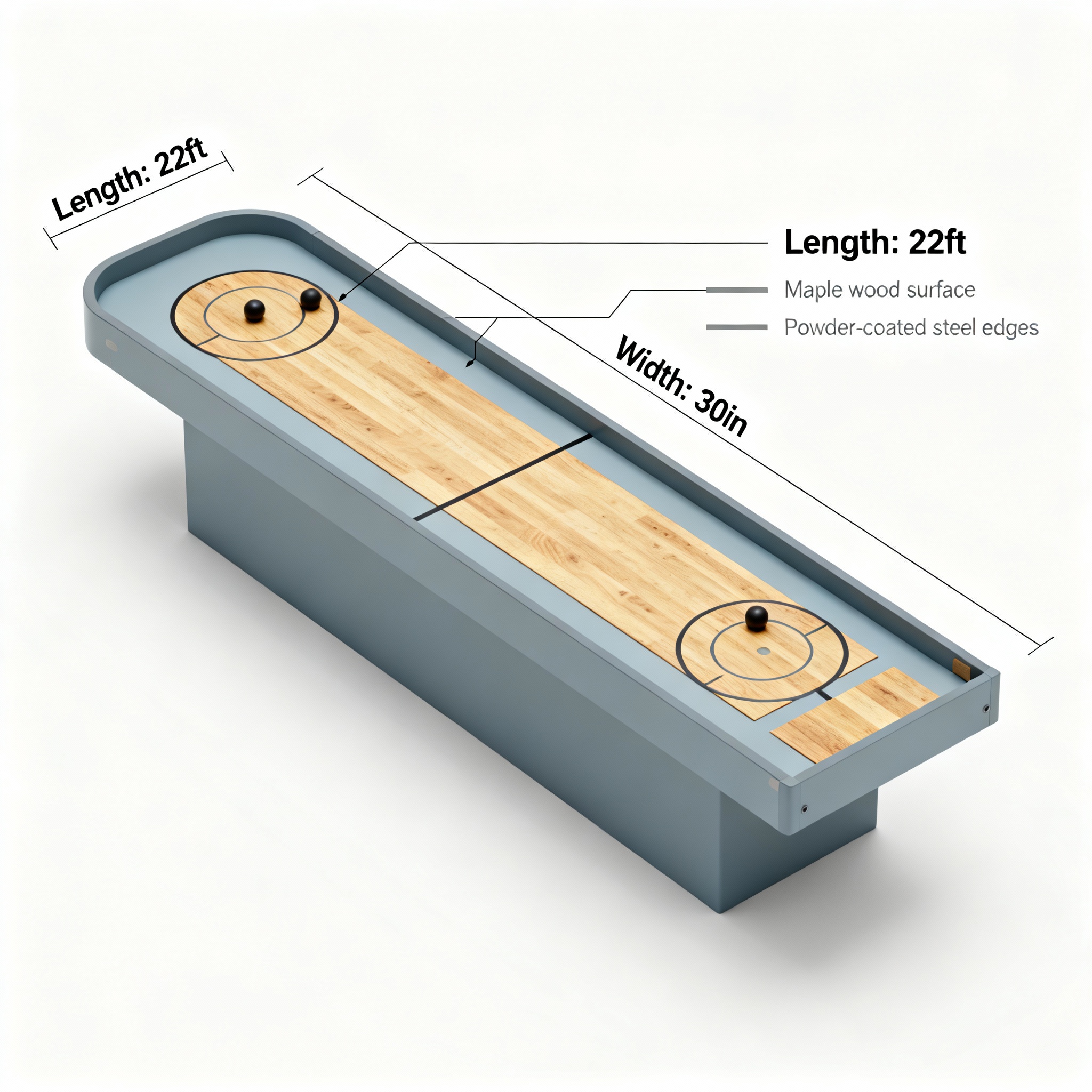Isometric 3D rendering of shuffleboard in a design plan, minimalist infographic style, annotated with dimensions and finis...