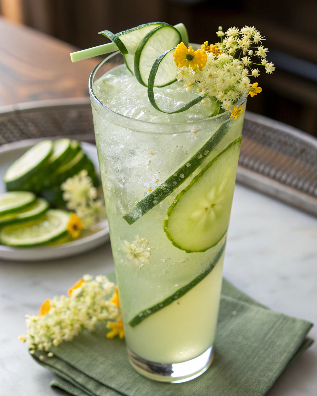 Cucumber Spritz Mocktail ingredients laid out on clean white counter
