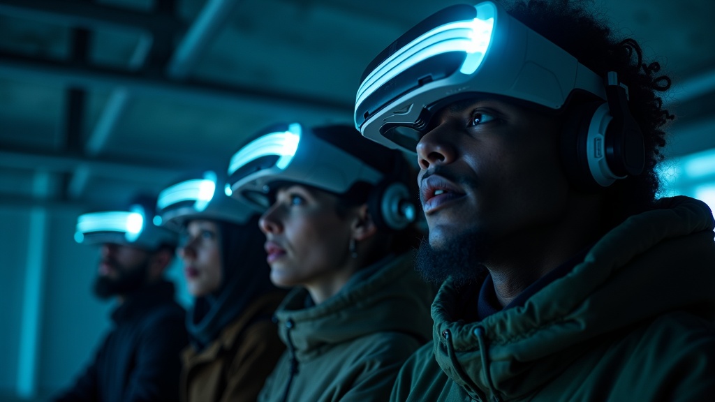 Jugador con gafas VR inmerso en la misión del escape room futurista HUXLEY en Barcelona