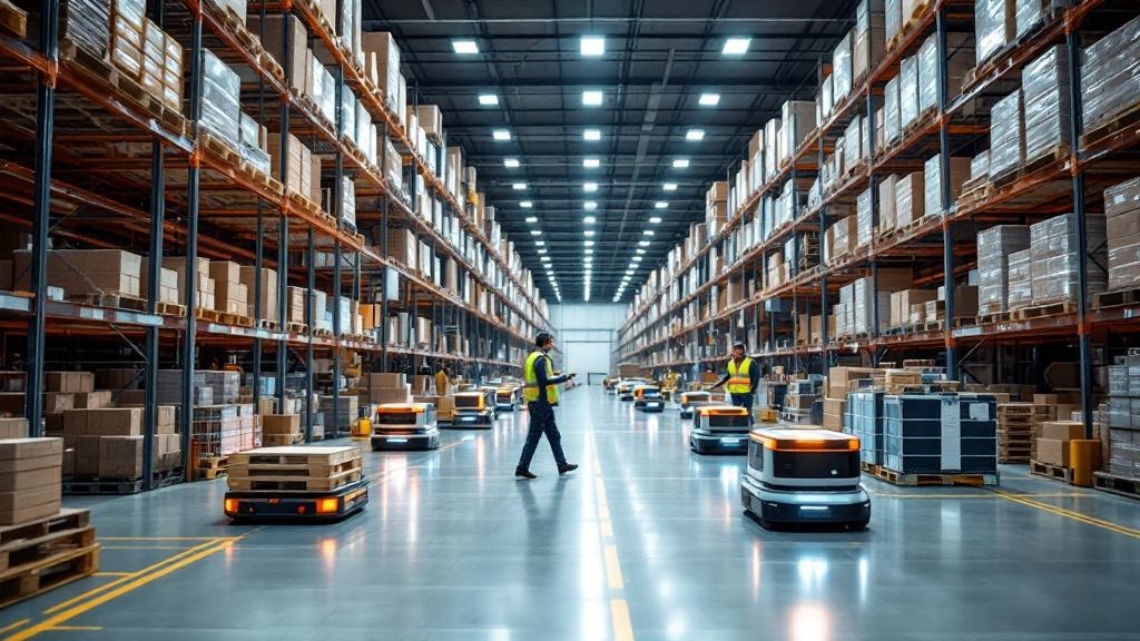 Autonomous robots and human workers collaborating in modern warehouse