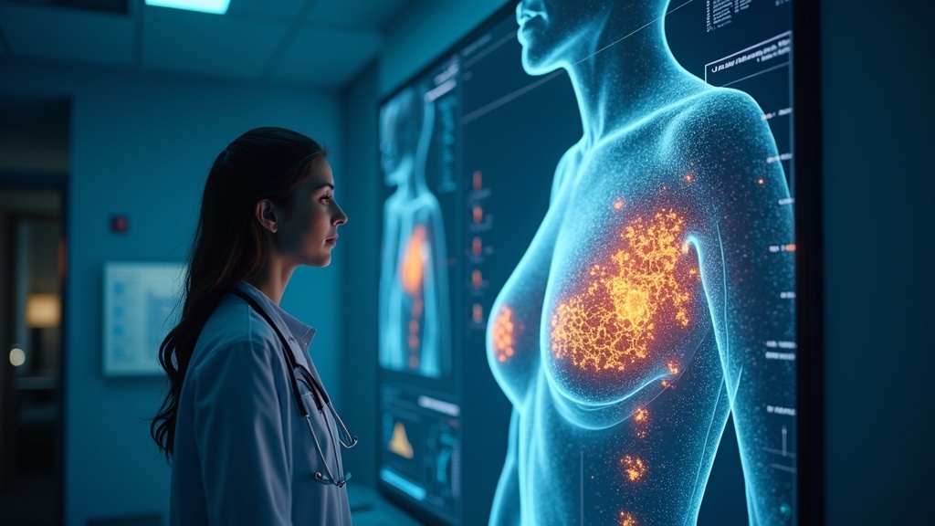 Representación visual de la IA para la predicción de cáncer de mama analizando datos complejos y patrones médicos.
