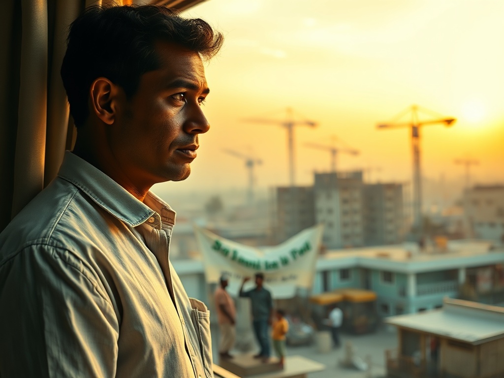 Ahmed's Window Frames Both Housing Ceremony and Construction Cranes