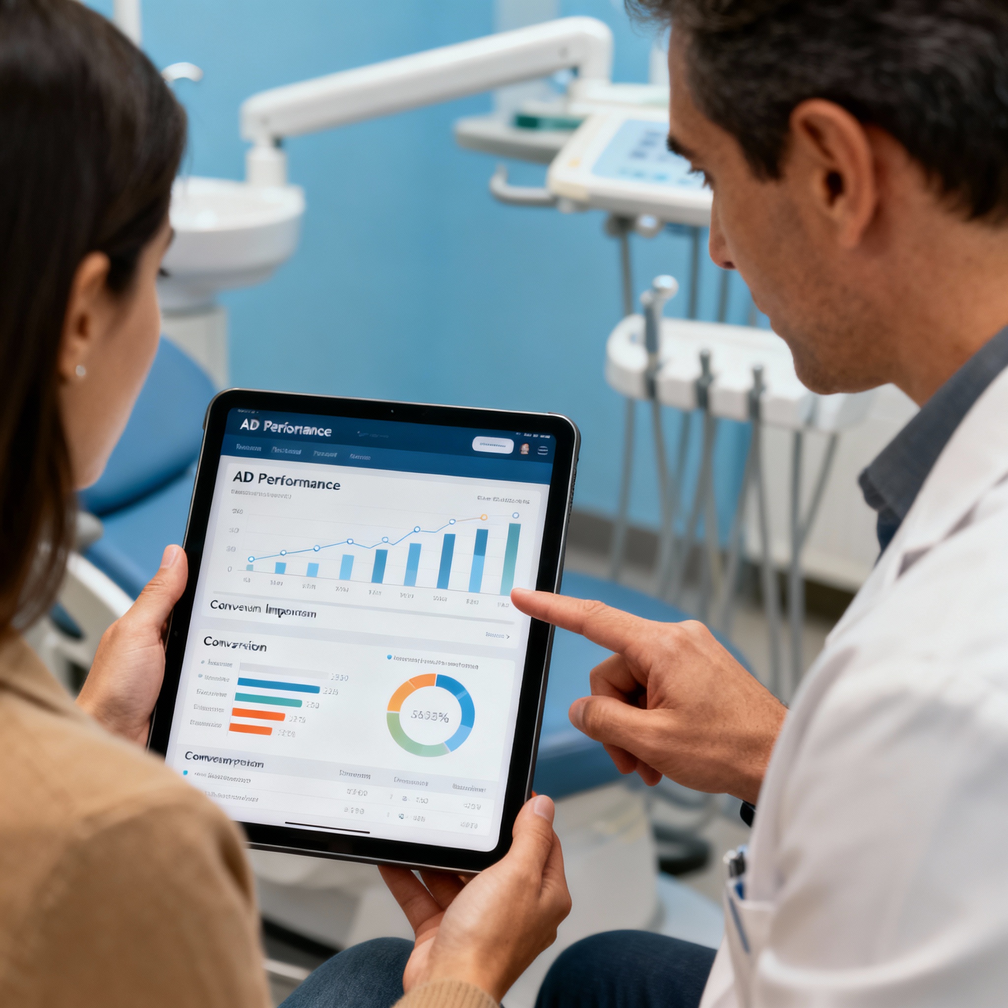 Photorealistic close-up of a business owner in a small dental office reviewing an ad performance report on a tablet with a...