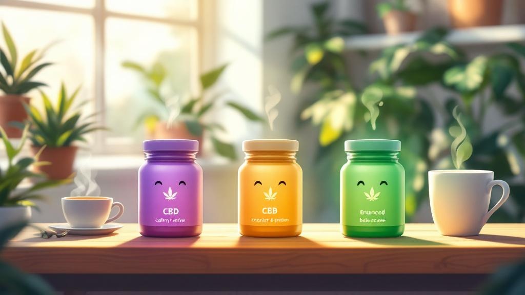 Quality CBD products displayed on wooden table with natural lighting