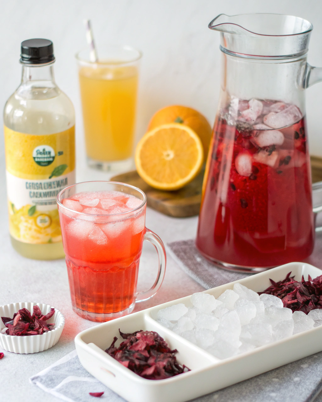 Hibiscus Rose Mocktail ingredients laid out on clean white counter