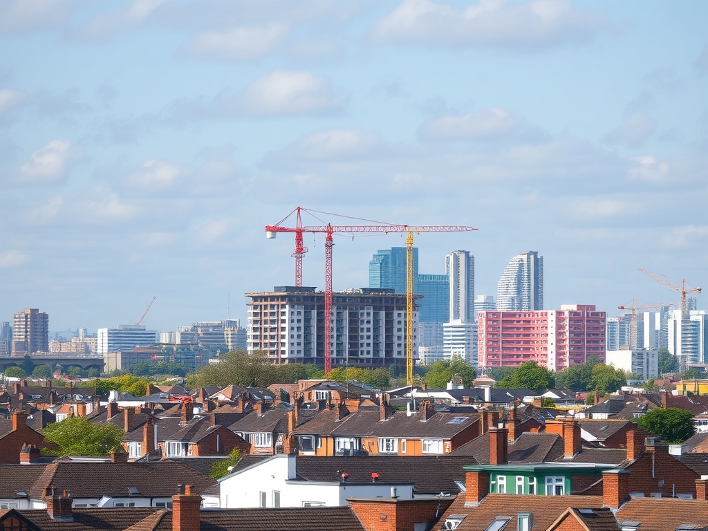 Southall West London skyline showing construction cranes and modern building development projects