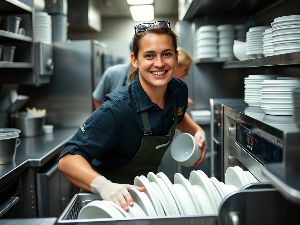 Cheerful dishwasher in a busy Chelsea kitchen