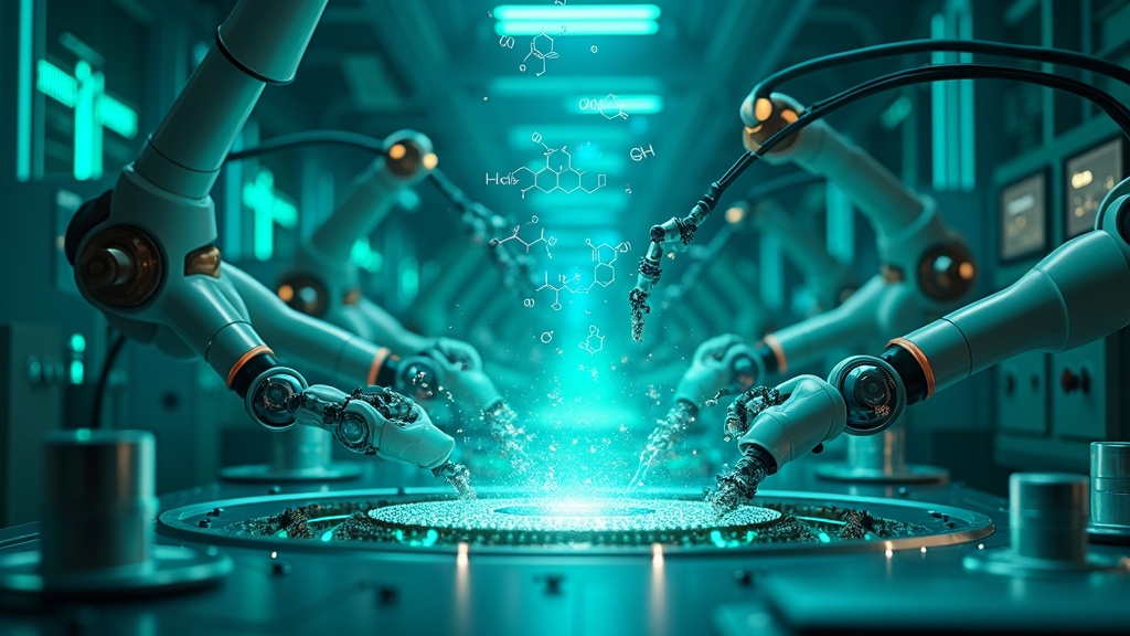 Ilustración conceptual de un laboratorio robótico avanzado como la Plataforma Robótica Reac-Discovery.