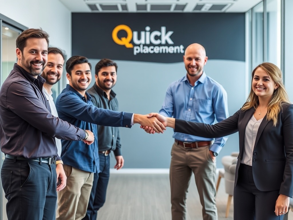 Diverse temporary staff shaking hands with a Quick Placement recruiter