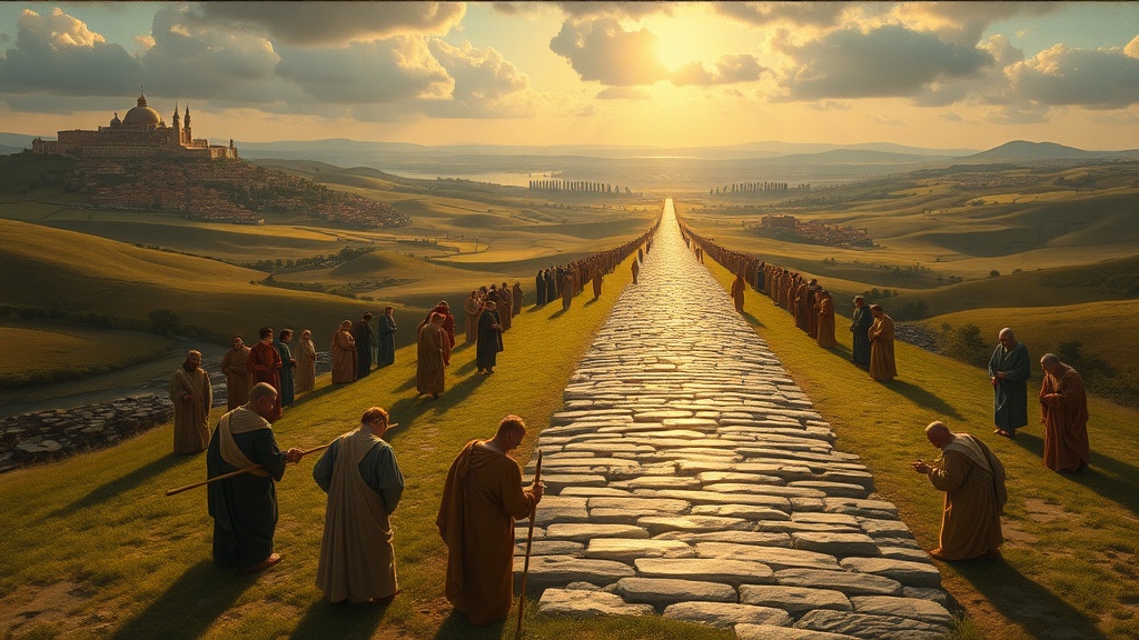 A religious allegorical scene suggesting communal building and journey in a soft Renaissance palette