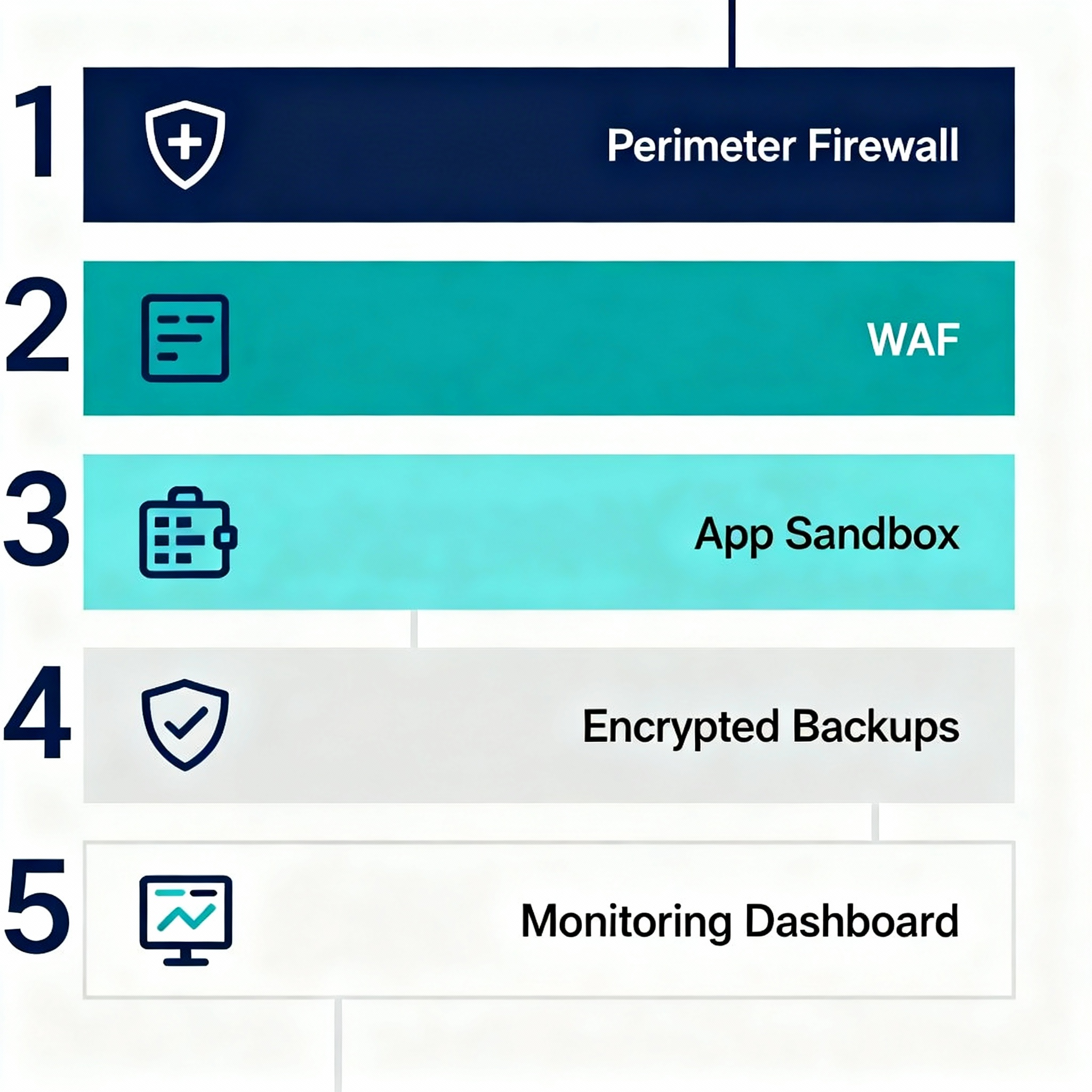 Minimalist infographic diagram showing a layered security stack for WordPress: perimeter firewall, WAF, app sandbox, encry...