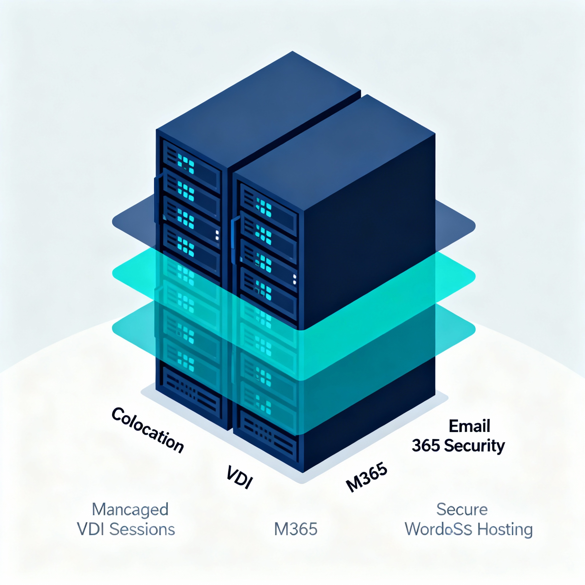 Isometric infographic showing a simplified stack: colocation racks, managed VDI sessions, Microsoft 365 gateway, and secur...