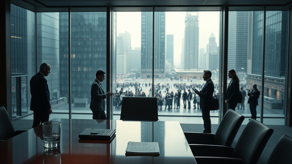 비어 있는 증인 의자와 문 밖의 보도진 풍경을 담은 현대적 청문실 장면