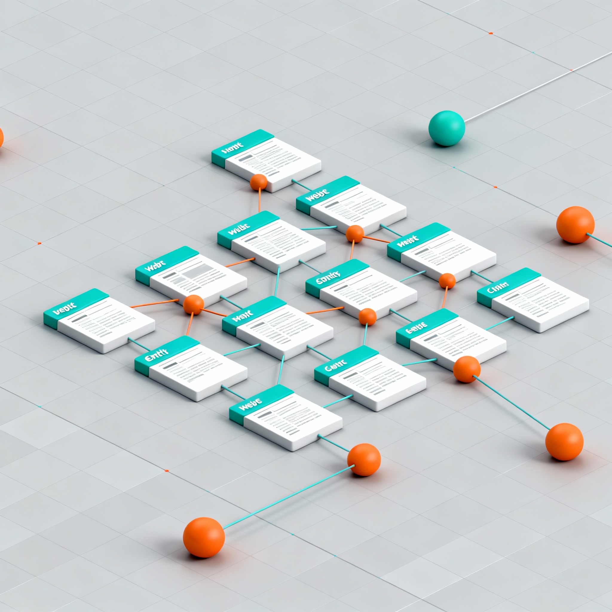 Isometric 3D diagram of a website content cluster mapped to a small knowledge graph, showing pages as tiles linked to labe...