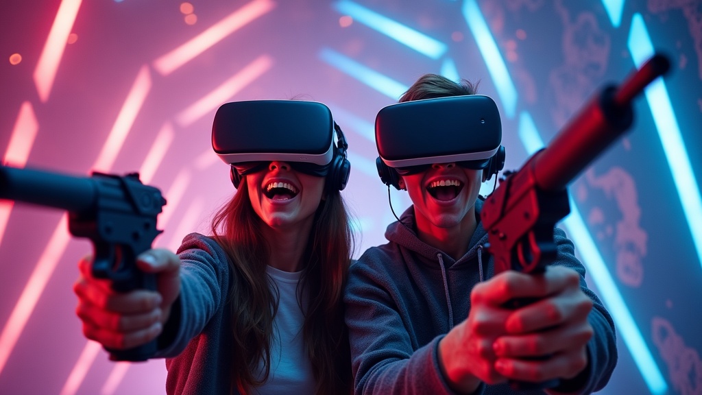 Dos jugadores equipados con gafas VR jugando una partida de Serious Sam VR cooperativo en Virtua Barcelona