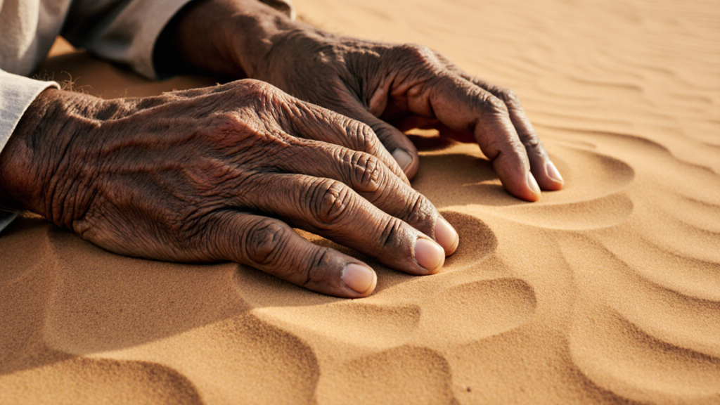 Macro close-up of weathered brown hands gently touching wind-carved ripples in sand, decades of desert wisdom visible in every wrinkle.