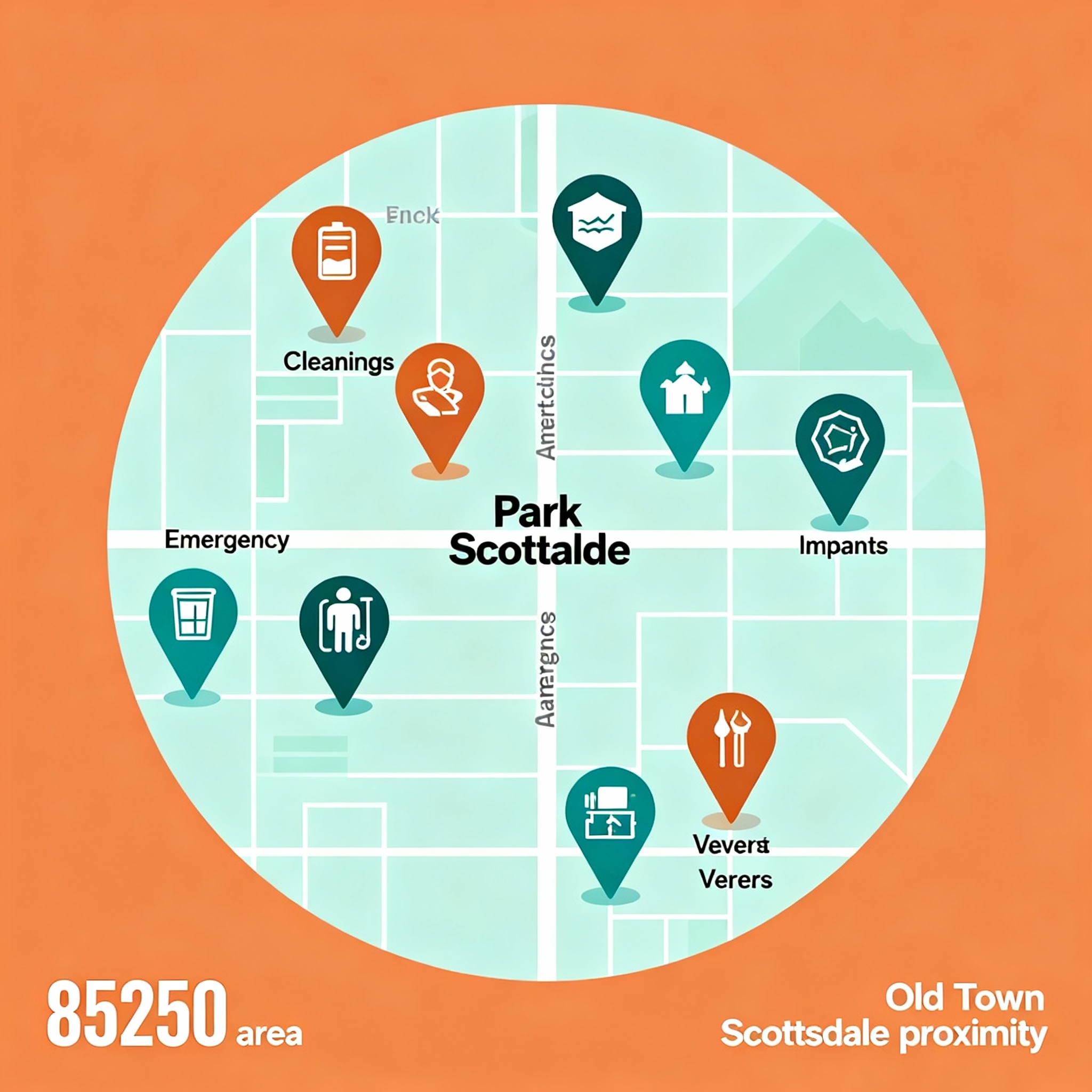 Clean, minimalist infographic-style illustration showing a circular map of Park Scottsdale with pins for services: cleanin...