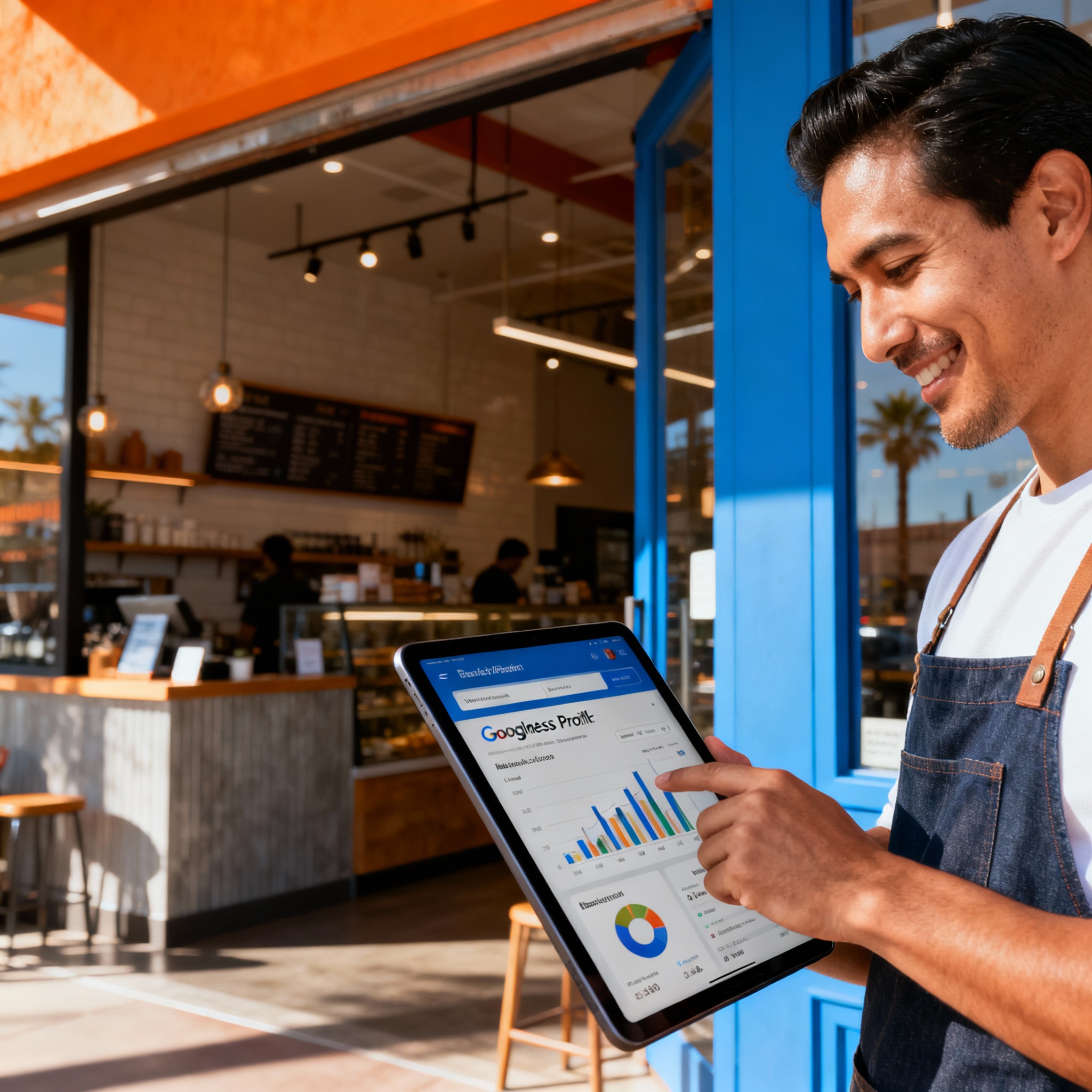 Quick Guide to AI Search Optimization: Local SEO, GEO, and PPC 3 Photorealistic wide shot of a local business owner in a Phoenix storefront checking a tablet showing analytics and a Googl...