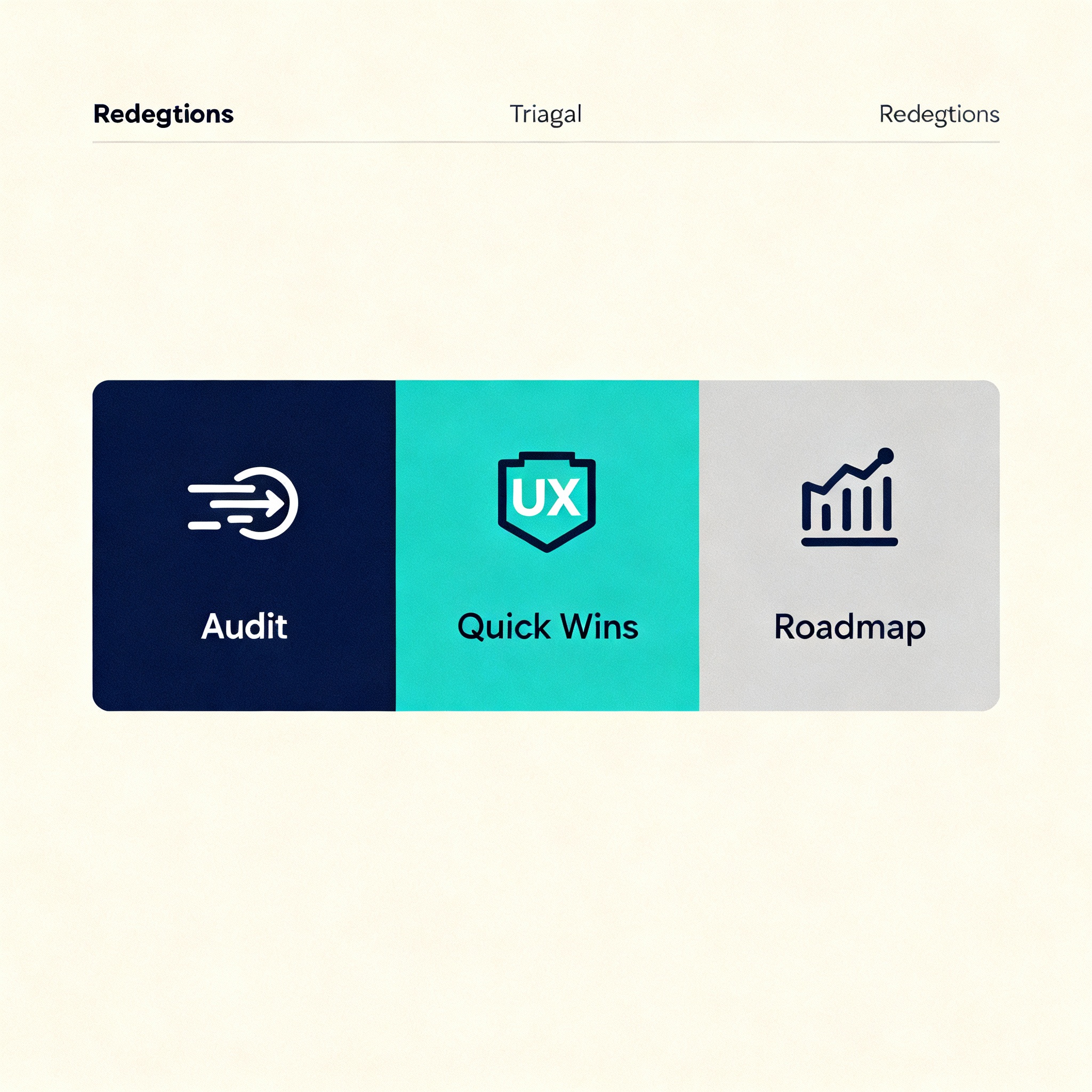Urgent Website Redesign for Better Conversions: A Practical Plan 2 Minimalist infographic style diagram showing a 3-step triage process for redesigns, labeled Audit, Quick Wins, Roadmap, wa...