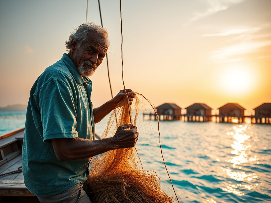Fisherman Mending Nets as the Resort Glitters in the Distance