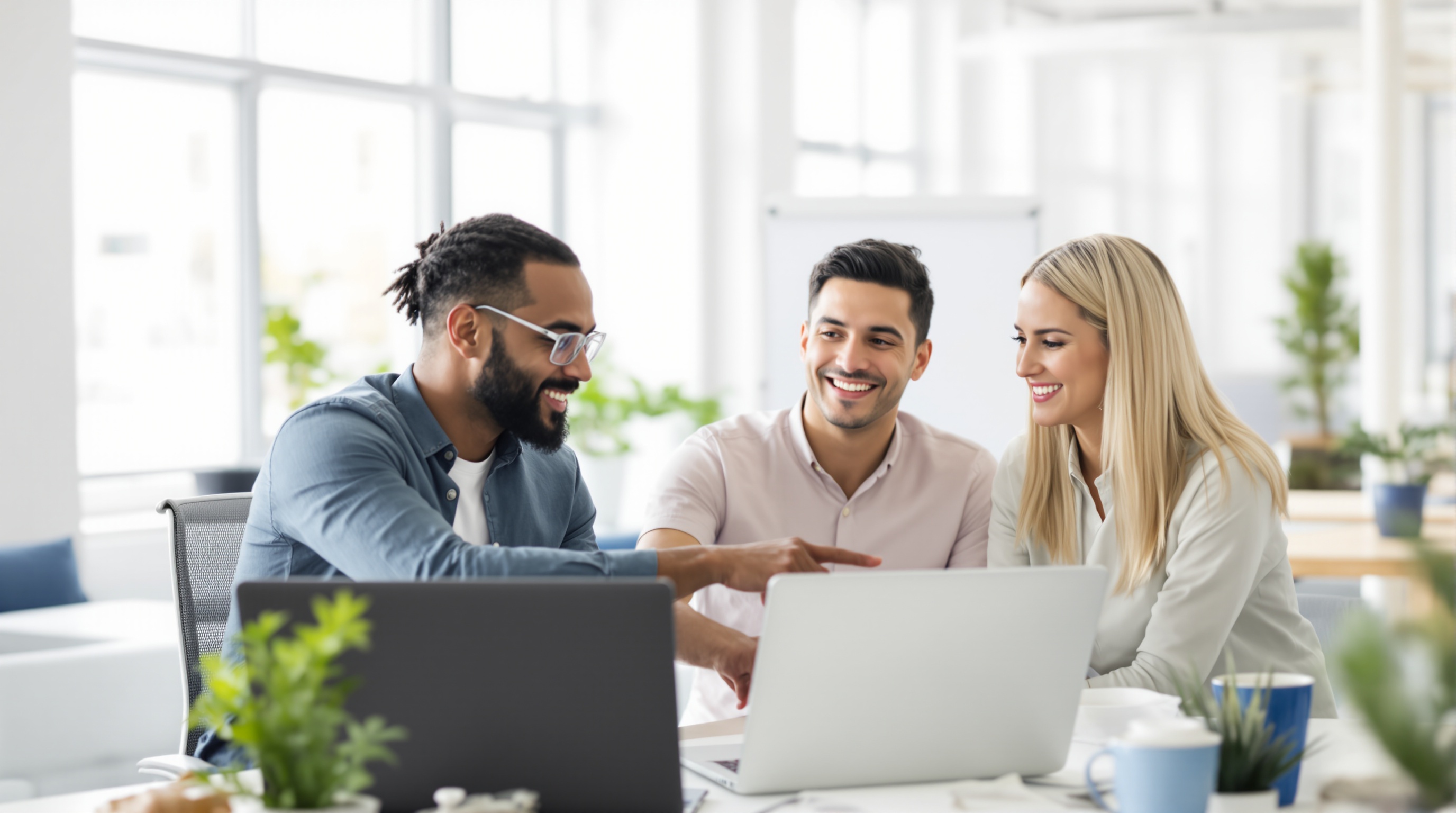 A diverse team of three professionals collaborating around laptops in a bright, modern office with natural light and minimalistic decor.