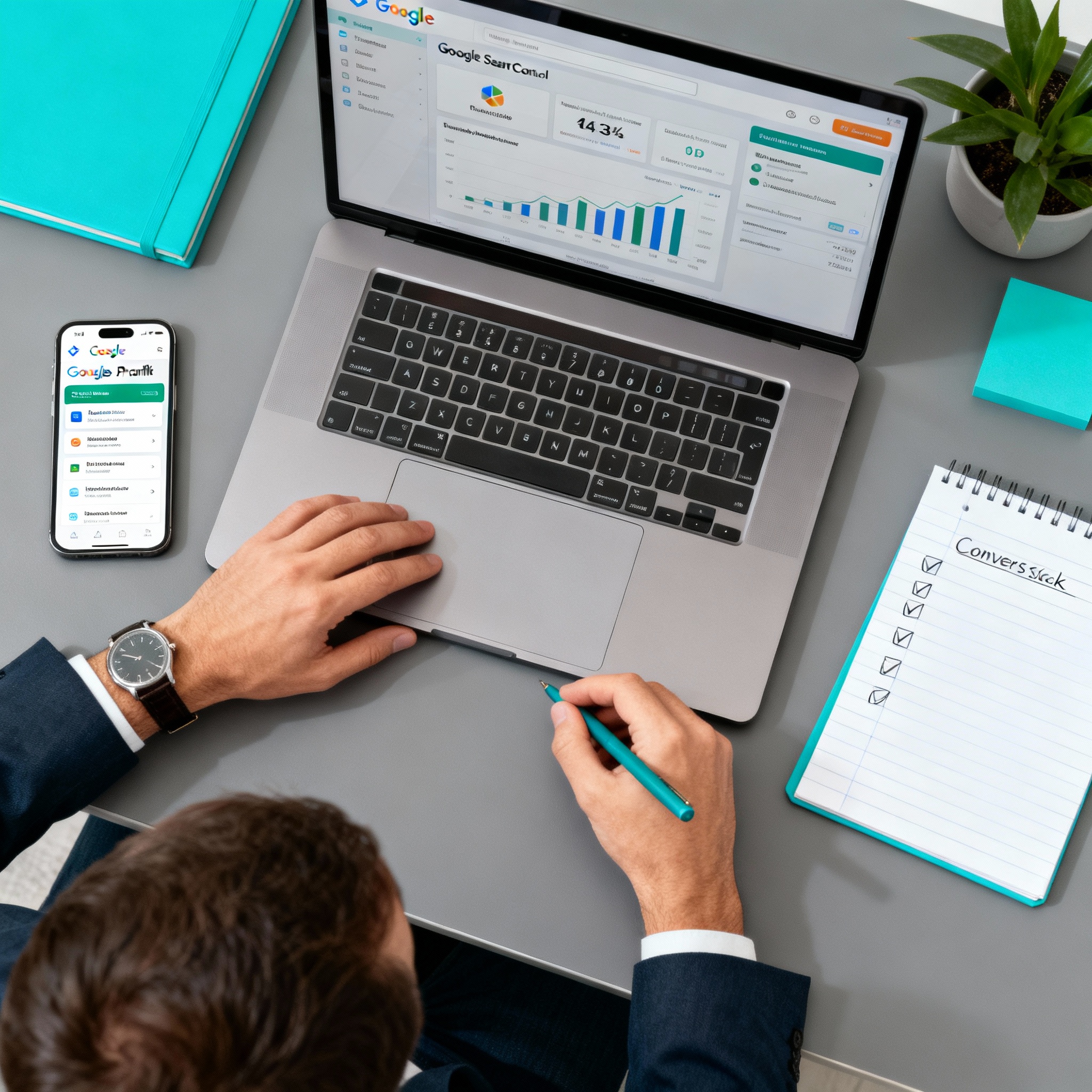 Frustrated With Website Traffic But No Sales: 9 Fixes That Convert 2 Photorealistic overhead view of a marketer at a laptop checking Google Analytics and Google Search Console, smartphone sho...