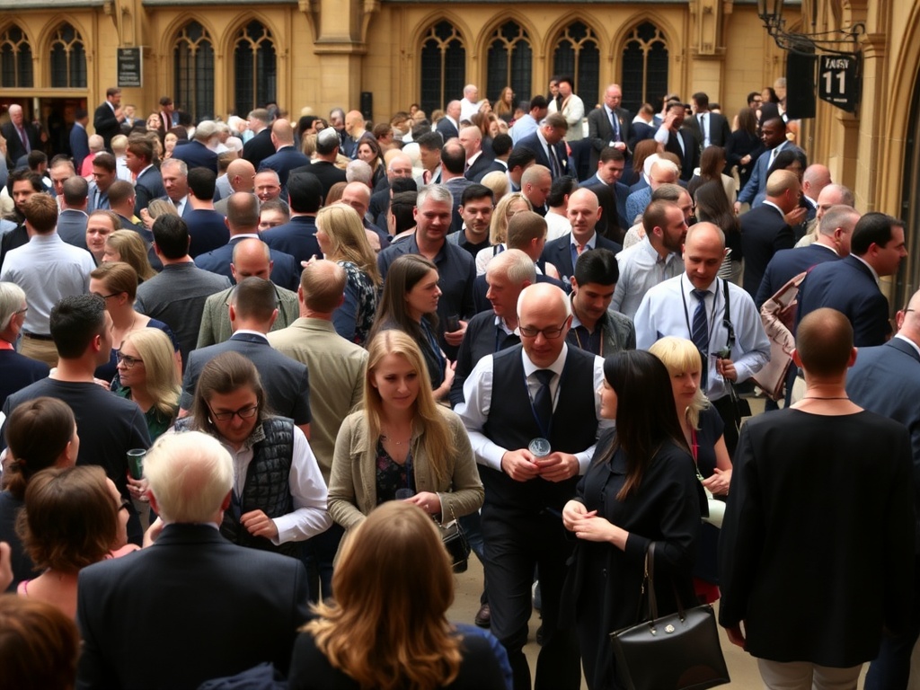 An energetic scene at a university event in Oxford, possibly a graduation ceremony or a large academic conference, with hospitality staff ensuring smooth operations. People are mingling, and the staff are subtly moving through the crowd, offering assistance or refreshments. The architecture hints at Oxford.