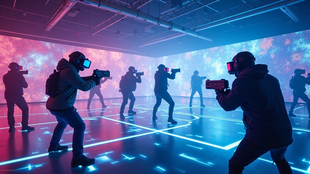 Un equipo colaborando en una partida de Laser Tag VR por equipos en Virtua Barcelona, con avatares futuristas.