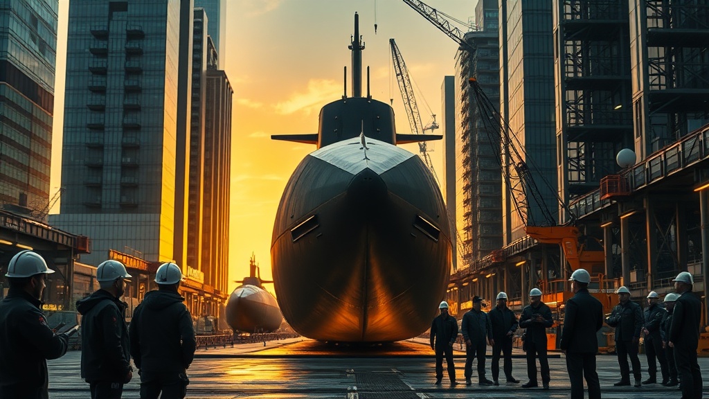 현대적 조선소의 건조 현장을 포착한 영화 같은 장면