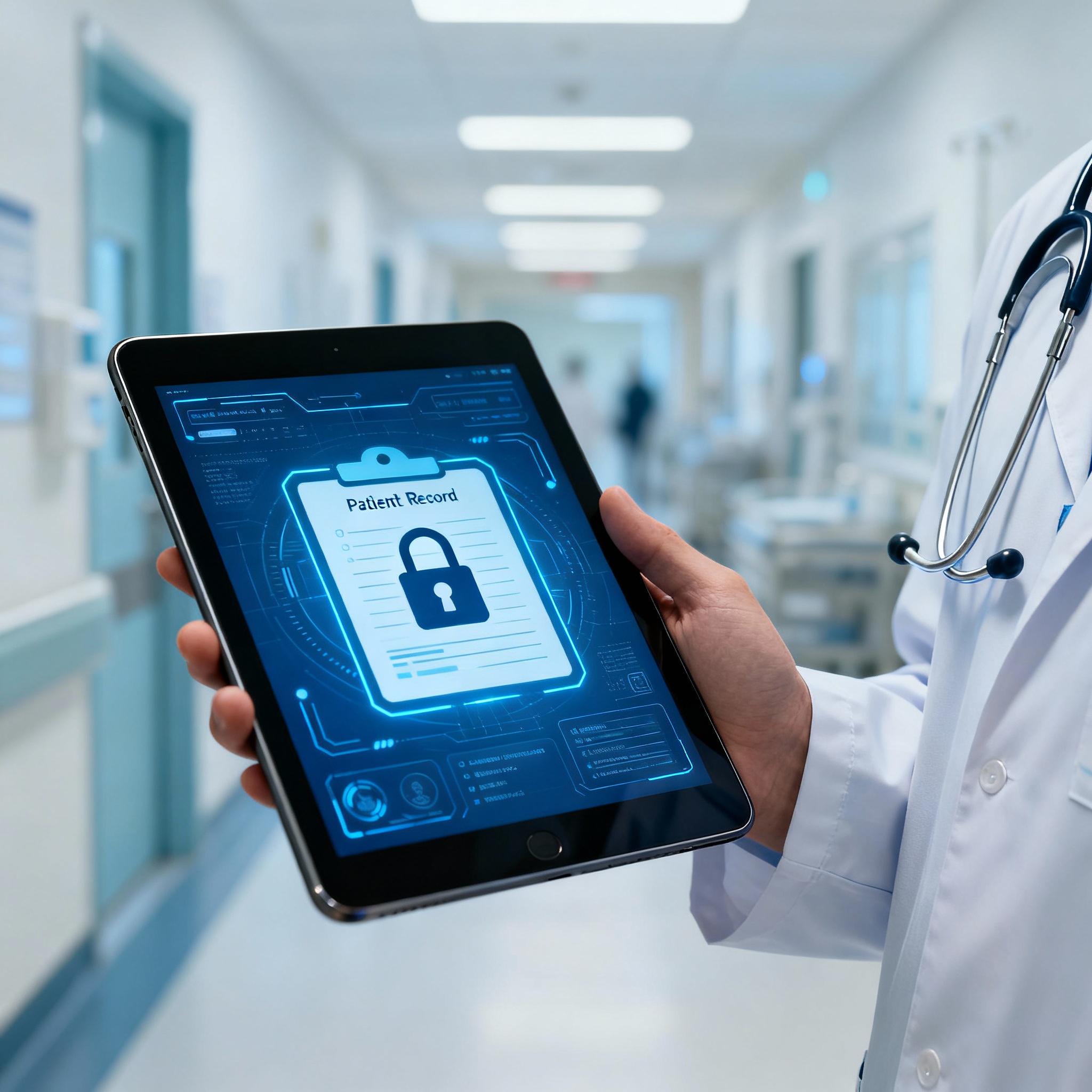 Close-up, photorealistic image of a clinician using a tablet showing an encrypted patient record icon, set against a blurr...