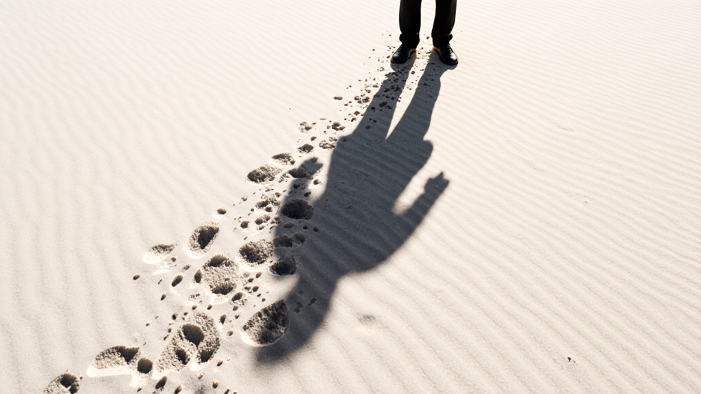 Overhead view of person's shadow fragmenting and dissolving at the edges on bright sand, ego dissolution made visible.