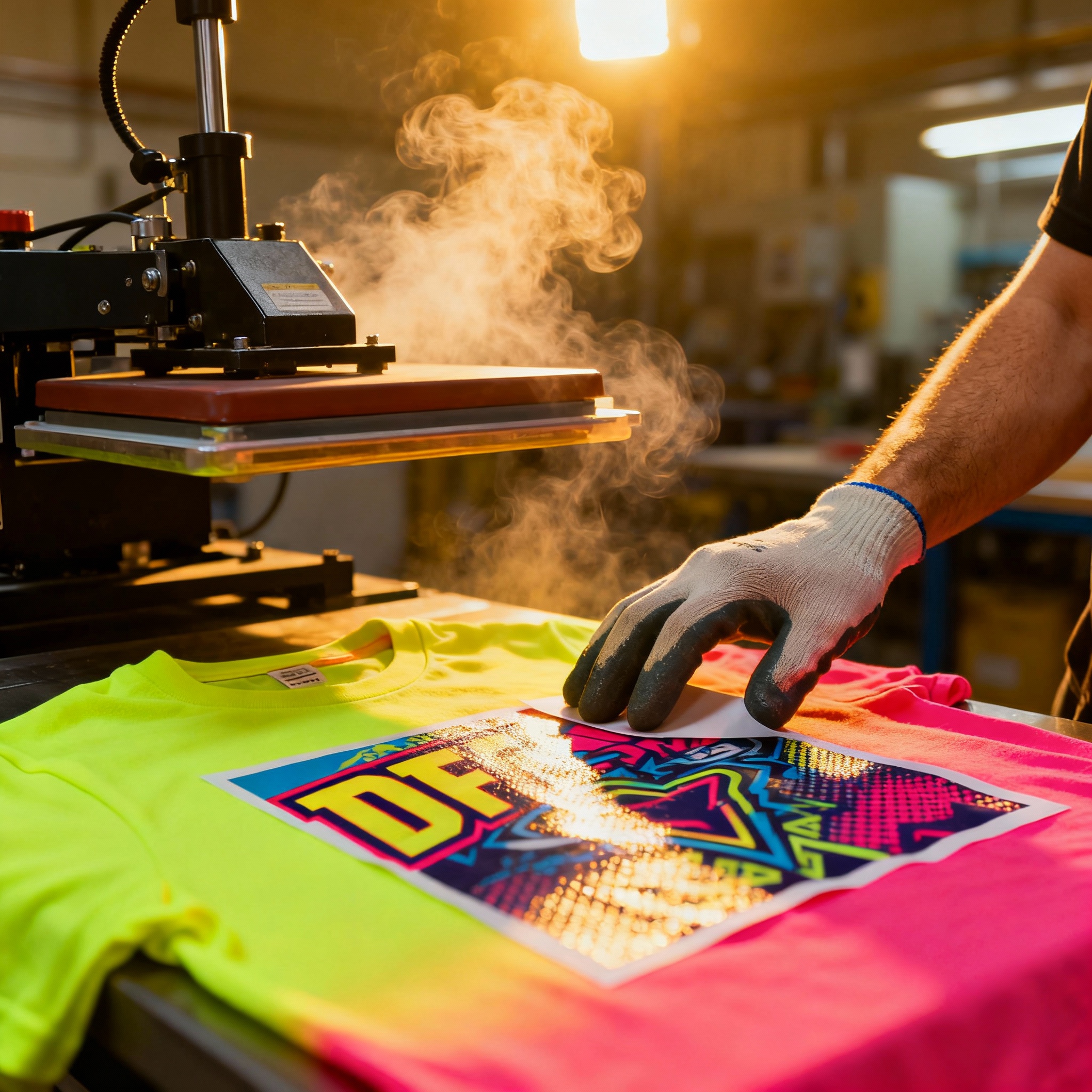 Photorealistic scene of a heat press in action, a worker placing a DTF transfer on a t-shirt, warm workshop lighting, shal...