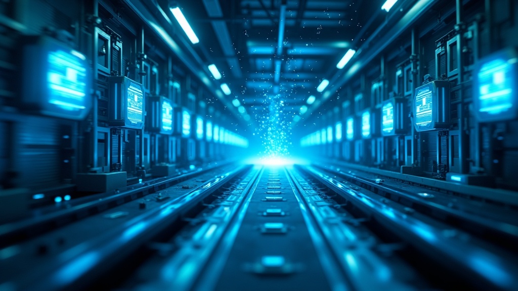 Robots industriales con visión artificial operando en una línea de producción moderna y automatizada.