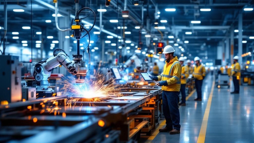 Automated manufacturing floor with robotics and predictive maintenance systems