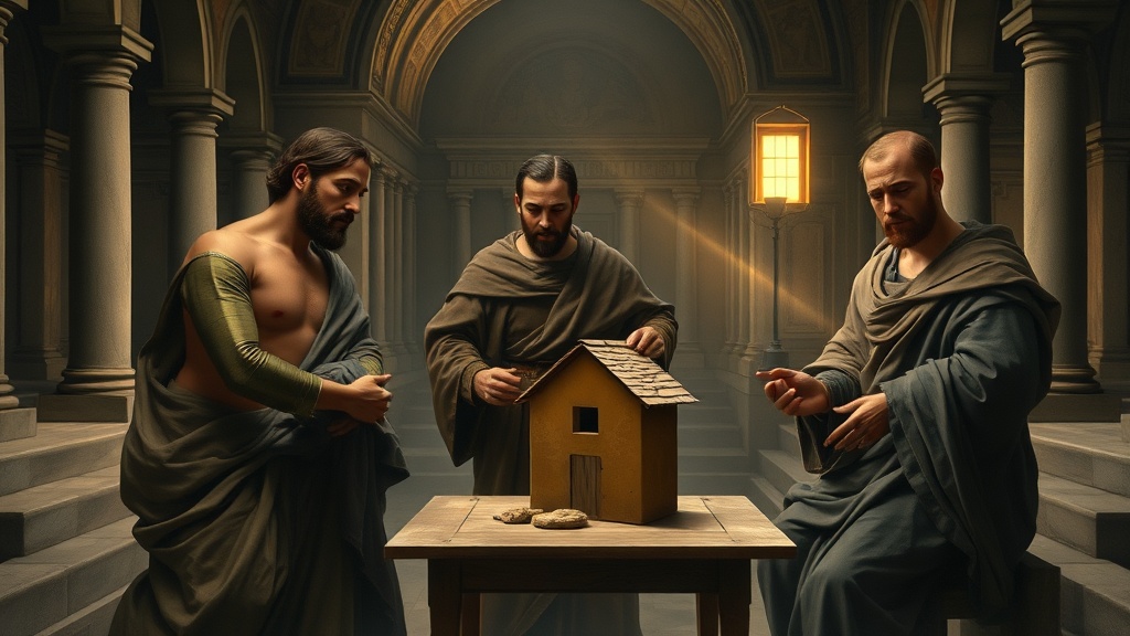 Renaissance-inspired scene showing a small clay house model and figures in contemplative posture