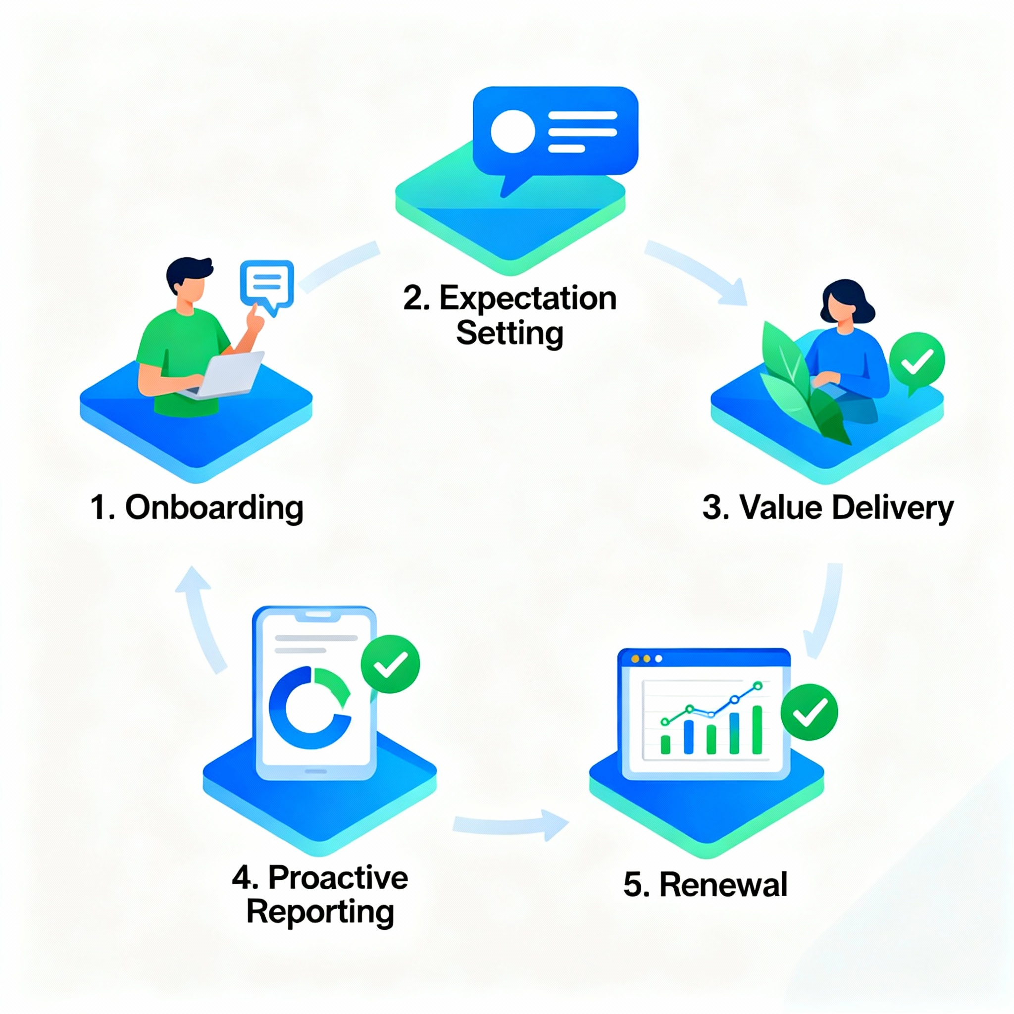 Isometric infographic-style illustration showing a five-step retention loop: onboarding, expectation setting, value delive...