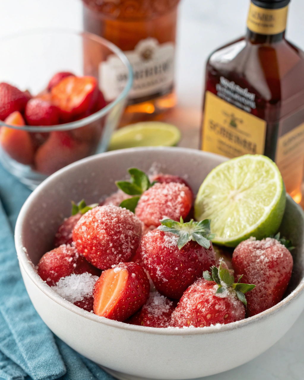 The Best Virgin Strawberry Daiquiri ingredients laid out on clean white counter