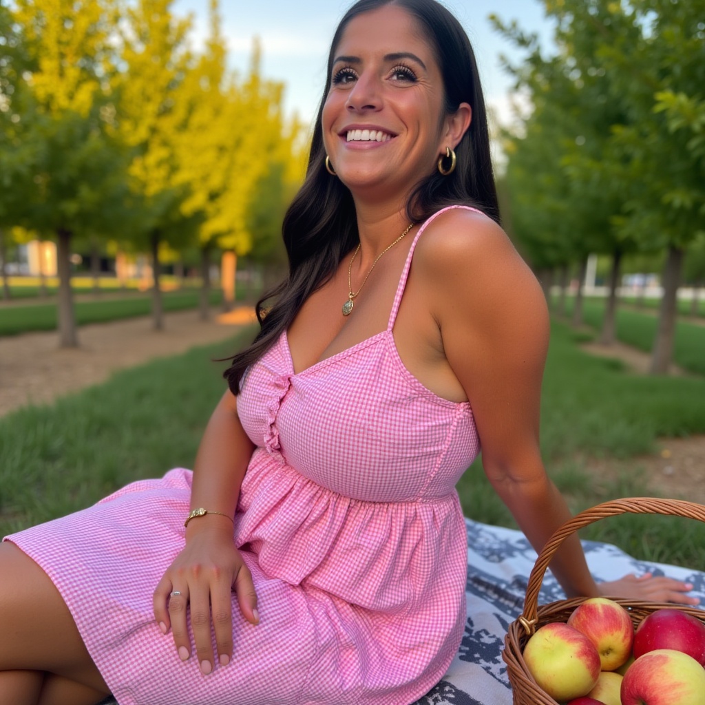 Carolyn October sitting in a lush orchard during golden hour, wearing a pink checkered dress, with a basket of apples beside her.